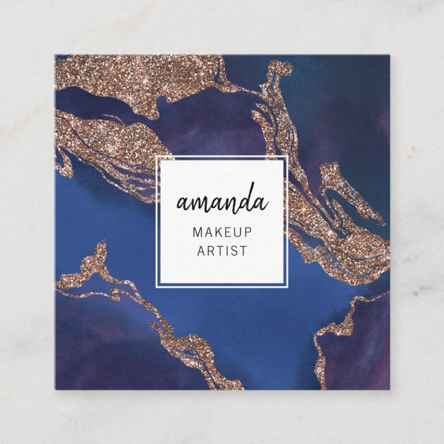 Cartão De Visita Quadrado Artista Dourado Marble Makeup do Moderno Indigo (Frente)