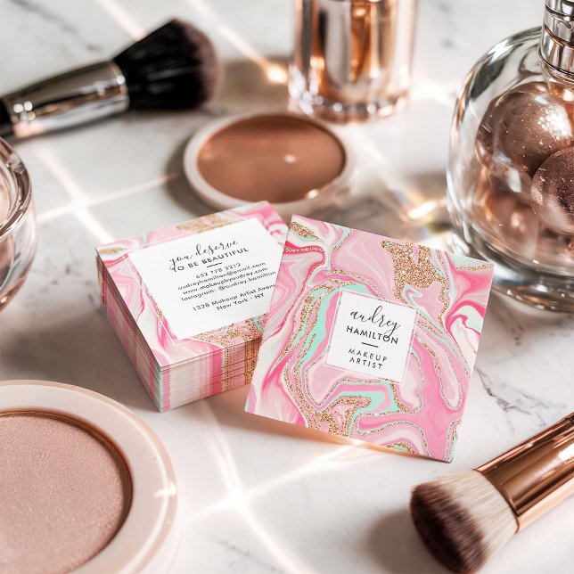 Cartão De Visita Quadrado Artista elegante rosa de mármore rosa moderno (Modern pink marble rose gold elegant makeup artist)