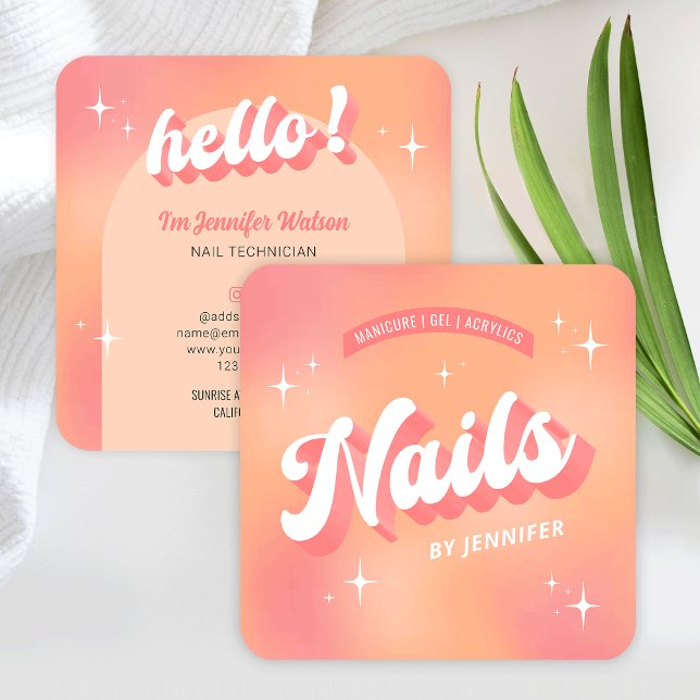 Cartão De Visita Quadrado Artista Moderno Manicure Groovy Trendy Peach (Trendy nails business cards with groovy fonts and girly peach colors)