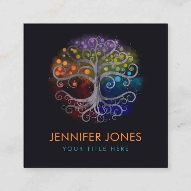 Cartão De Visita Quadrado Árvore da vida Silver Swirl (Frente)