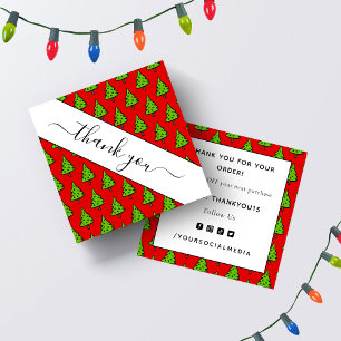 Cartão De Visita Quadrado Árvore de Natal Vermelho Obrigado