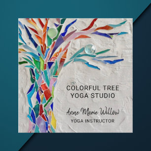 Cartão De Visita Quadrado Árvore Mosaica Colorida Yoga Studio Business C Qu