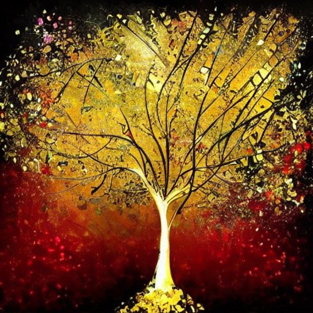 Cartão De Visita Quadrado Árvore ouro em um Fundo Vermelho (Criador carregado)