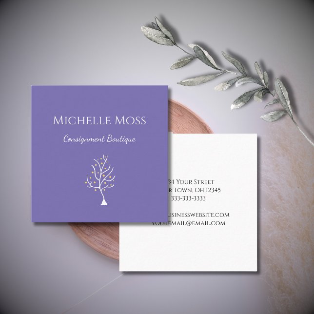 Cartão De Visita Quadrado Árvore Whimsical de Desenho de Vida Boho Roxo (Criador carregado)