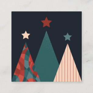 Cartão De Visita Quadrado Árvores de Natal e estrelas em azul, vermelhos saz