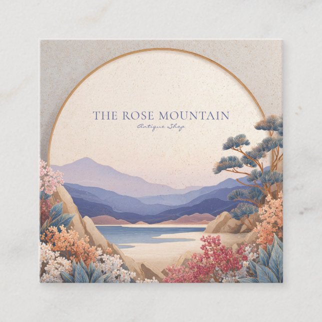 Cartão De Visita Quadrado Asian Landscape Gold Circle Floral Serene (Frente)