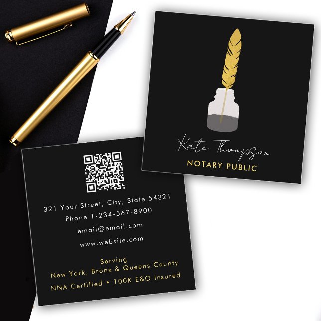 Cartão De Visita Quadrado Assinatura Notária do Agente Preencher Caneta Pret (Notary Signing Agent Feather Quill Pen Black Gold Square Business Card)