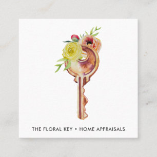 Cartão De Visita Quadrado Avaliador de Imóveis Chave Floral Aquarela