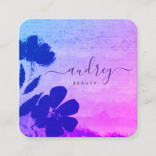 Cartão De Visita Quadrado Azul-Céu-Azul e Floral Rosa