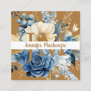 Cartão De Visita Quadrado Azul Elegante Branco e Dourado Floral
