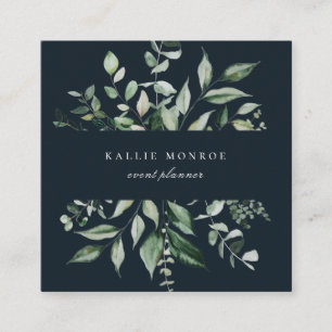 Cartão De Visita Quadrado Azul Escuro de Folhagem Selvagem com Aquarela Eleg