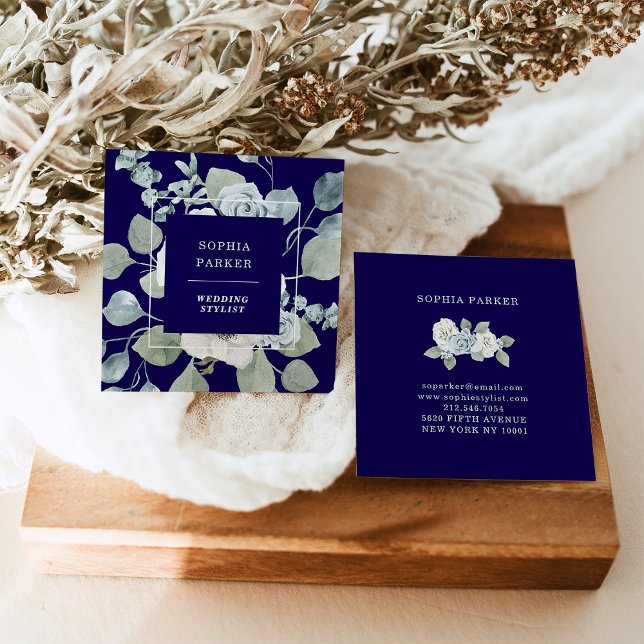 Cartão De Visita Quadrado Azul Escuro Floral e Eucalyptus (Criador carregado)