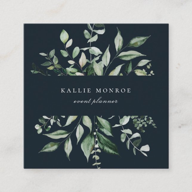 Cartão De Visita Quadrado Azul Escuro Foliage de Aquarela Elegante (Frente)