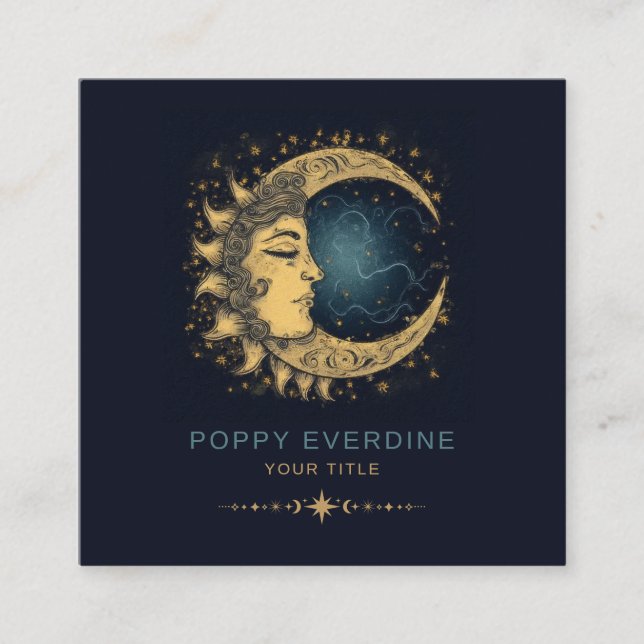 Cartão De Visita Quadrado Azul-Lua Mística Celestial Dourado (Frente)