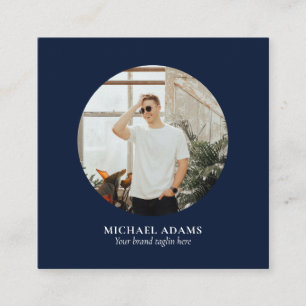 Cartão De Visita Quadrado Azul Marinho & Branco Simples Moderno Foto Mídia S