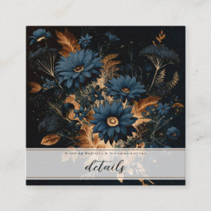 Cartão De Visita Quadrado Azul Marinho Escuro & Dourado Floral Rústico Glam 