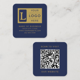 Cartão De Visita Quadrado Azul Naval Elegante Código QR Dourado Logotipo Per