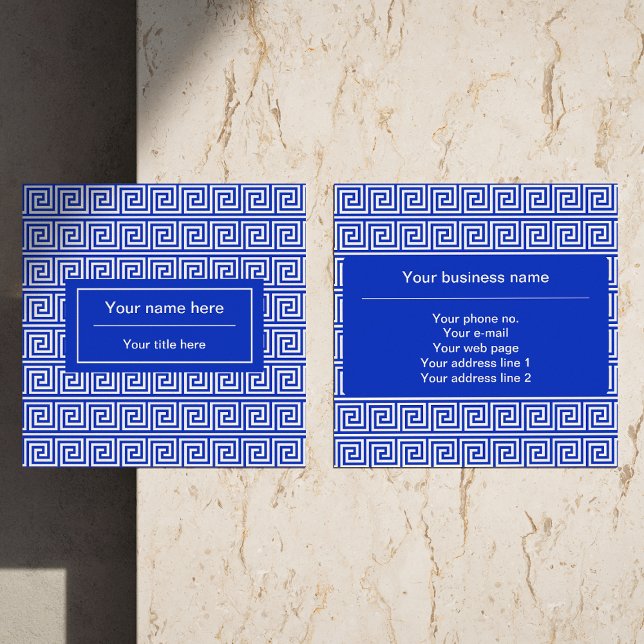 Cartão De Visita Quadrado Azul-padrão dos quadrados-chave gregos (Criador carregado)