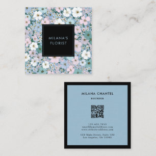 Cartão De Visita Quadrado Azul Rosa Branco Moderno Floral Florista Tendência