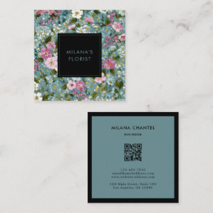 Cartão De Visita Quadrado Azul Rosa Branco Moderno Floral Florista Tendência