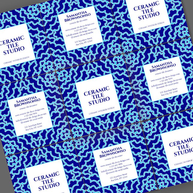 Cartão De Visita Quadrado Azulejo de mosaico sem costura Marinho azul (Blue Navy Seamless Mosaic Tile Square Business Card)