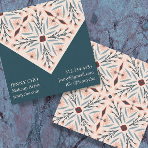 Cartão De Visita Quadrado Azulejos Florais Elegantes Azul-Rosa Geométrico