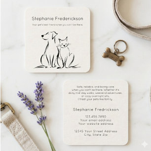 Cartão De Visita Quadrado Babá de Animais Minimalista Preto e Creme Arte Lin