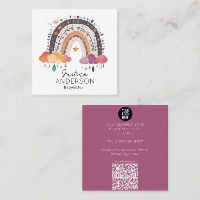 Cartão De Visita Quadrado BABYSITTER DO CORAÇÃO DO ESCÂNDALO Púrpura (Frente/Verso)