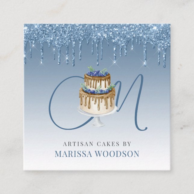 Cartão De Visita Quadrado Baker Paery Chef Elegante Glitter Azul (Frente)