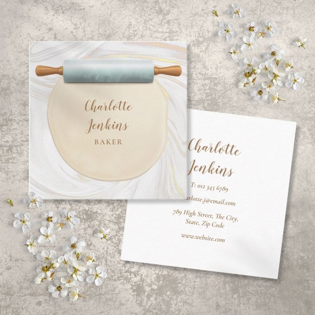 Cartão De Visita Quadrado Baker Patisserie Marble Swirls Rolling Pin (Baker Patisserie Marble Swirls Rolling Pin Square Business Card)