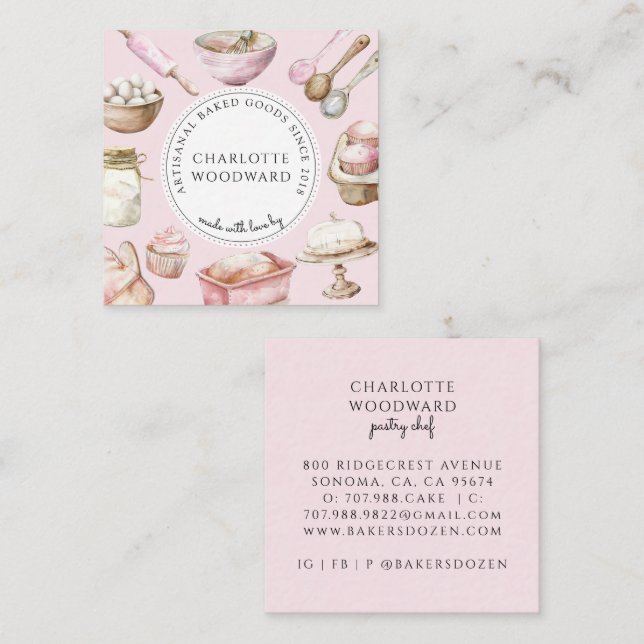 Cartão De Visita Quadrado Baker Pink Watercolor Desserts Utensils  (Frente/Verso)
