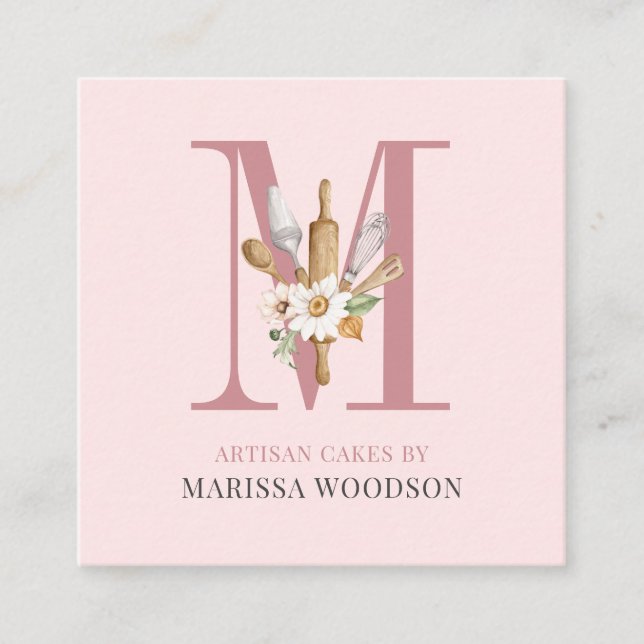 Cartão De Visita Quadrado Bakers de pastelaria de pastelaria rosa (Frente)