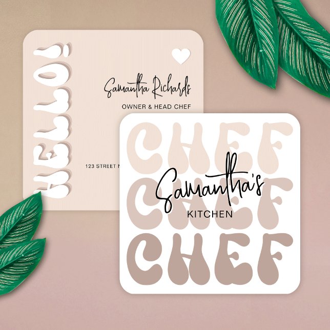 Cartão De Visita Quadrado Bakery Chef Trendy Retro Beige Modern Catering (Catering business cards in trendy retro style in pastel beige colors and groovy fonts)
