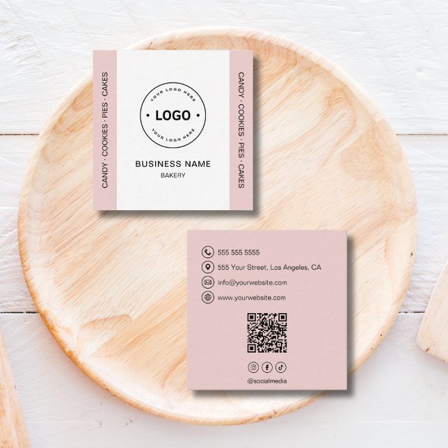 Cartão De Visita Quadrado Bakery Logo QR Code Social Media Blush Pink (Bakery Logo QR Code Social Media Blush Pink Square Business Card)