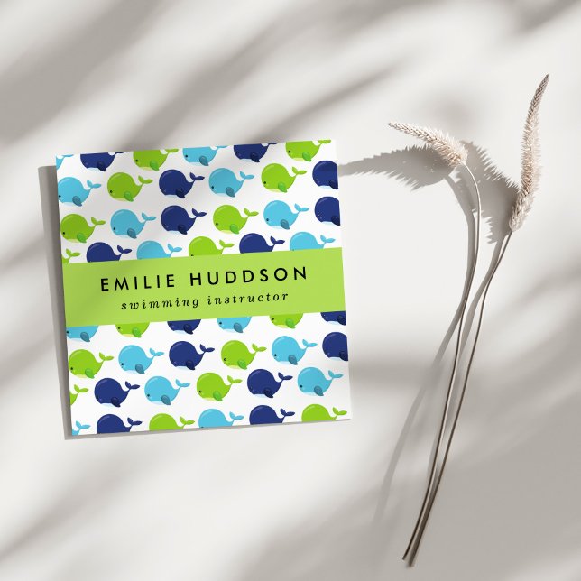 Cartão De Visita Quadrado Baleias-Cuta, Instrutor de Natação, Treinador de N (Criador carregado)