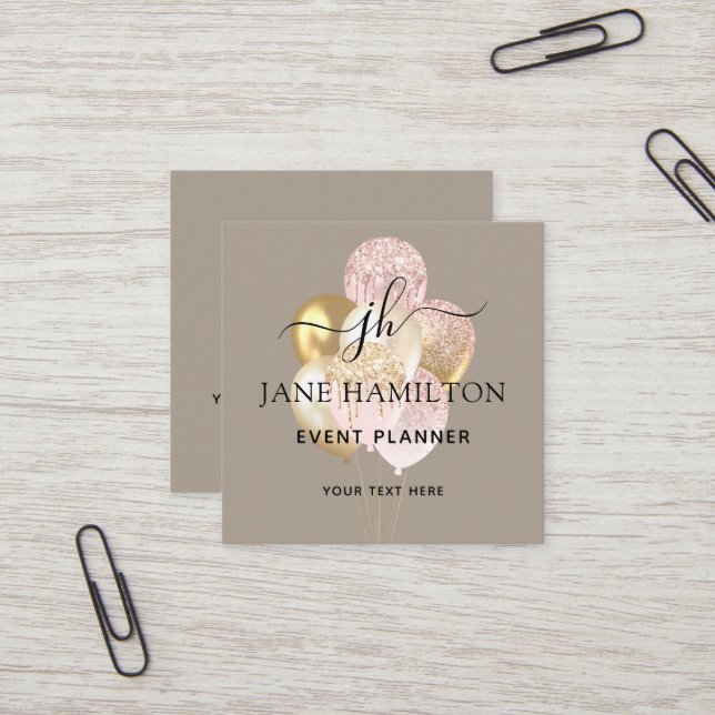 Cartão De Visita Quadrado Balões Glitter Monogramas (Frente/Verso In Situ)