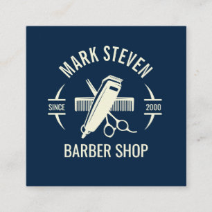 Cartão De Visita Quadrado Barbearia Vintage Azul Cabelo estiloso