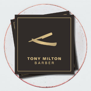 Cartão De Visita Quadrado Barber Dourado de Razor Minimalista Elegante Escur