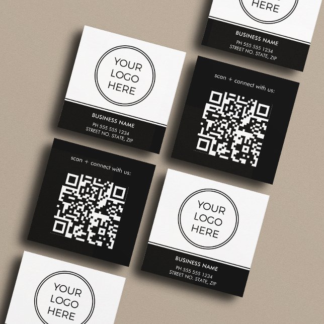 Cartão De Visita Quadrado Basic Black Business Logo QR Code  (Front and back of 2.5 inch square business card. Choose a corner and paper style.)