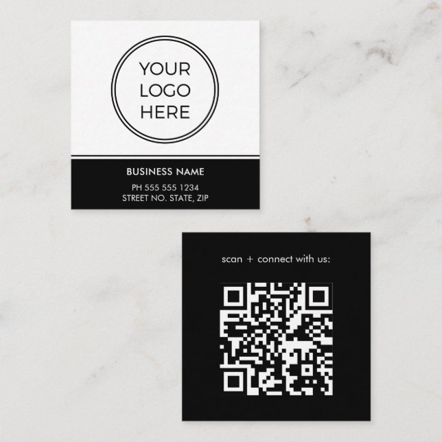 Cartão De Visita Quadrado Basic Black Business QR Code Logo (Frente/Verso)