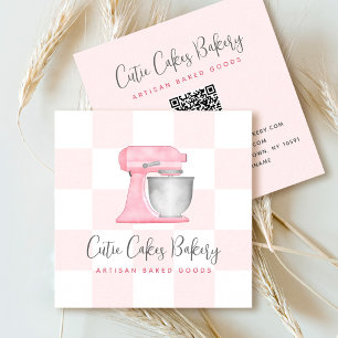 Cartão De Visita Quadrado Batedeira de Cozinha Rosa Bege Código QR Xadrez Pa