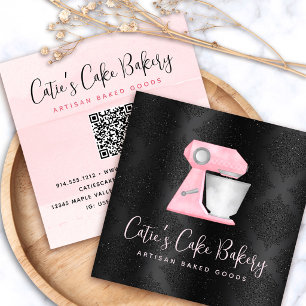 Cartão De Visita Quadrado Batedeira de Cozinha Rosa Blush Padaria Código QR