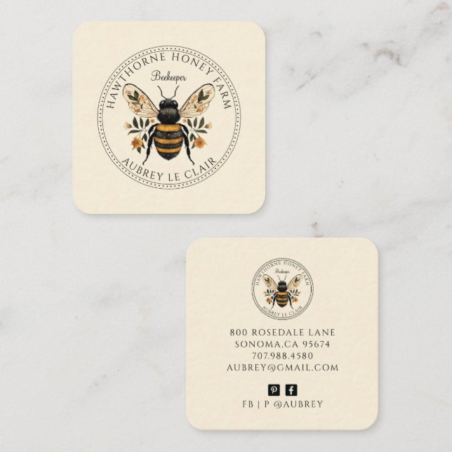 Cartão De Visita Quadrado Bee Beekeeper Honey Apiary Business Card (Frente/Verso)