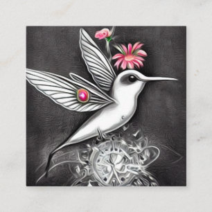 Cartão De Visita Quadrado Beija-flor-branco e flores cor-de-rosa