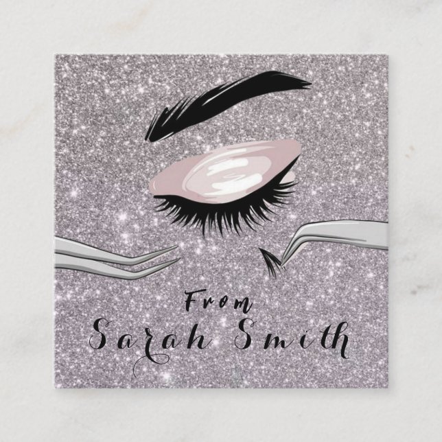 Cartão De Visita Quadrado Beleza Salon Lash Metal Silver Rosa Lash (Frente)