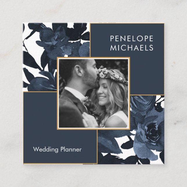 Cartão De Visita Quadrado Belo Floral Azul com Foto (Frente)