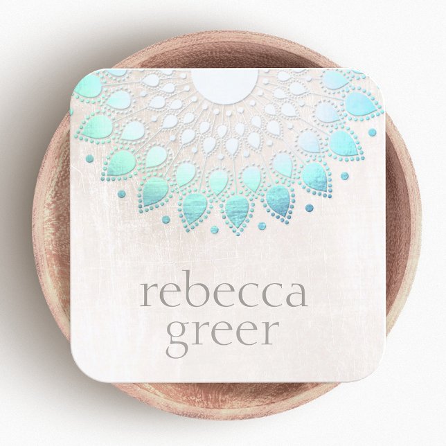 Cartão De Visita Quadrado Belo Floral Azul Lotus Mandala White Marble (Criador carregado)