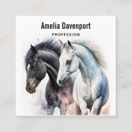 Cartão De Visita Quadrado Belos Cavalos em Aquarela