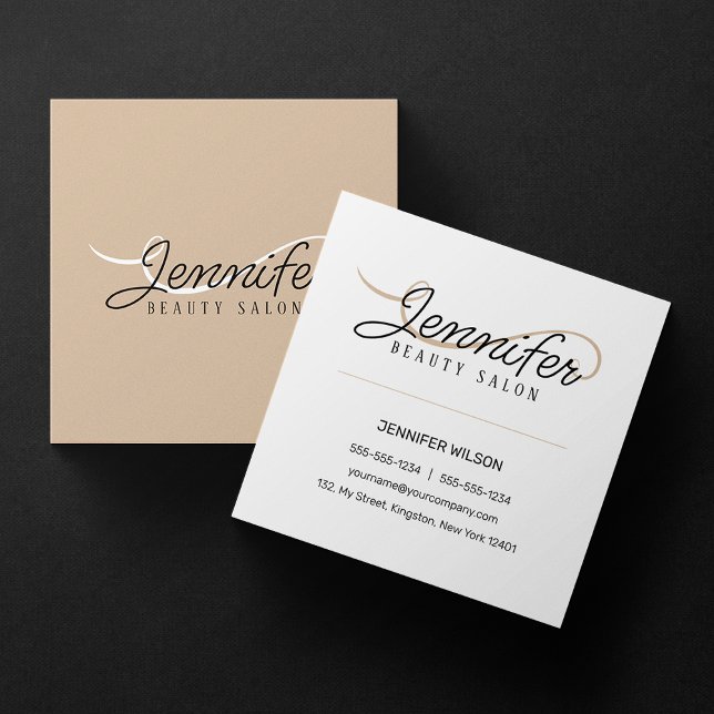 Cartão De Visita Quadrado Biege White Pink Beauty Salon Esthetician (Criador carregado)