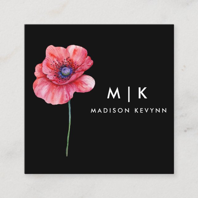 Cartão De Visita Quadrado Black Boho Watercolor Wildflower Designer (Frente)